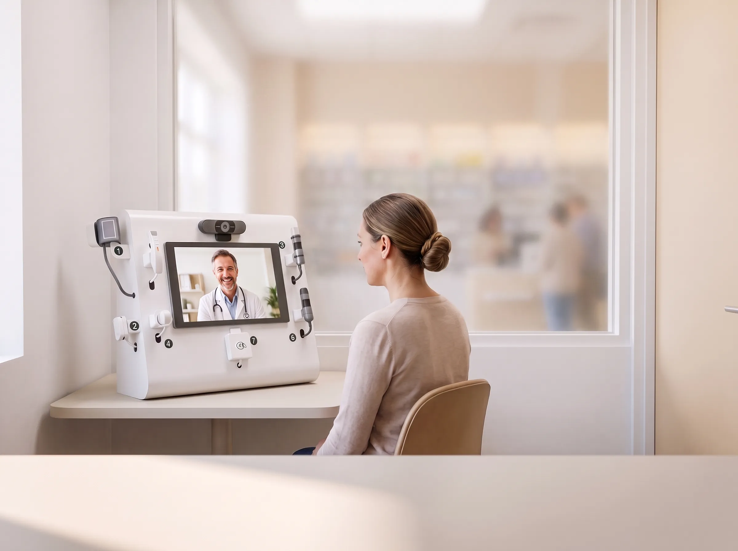 A woman meets a doctor by video on a Tessan Console in a private consultation room inside a pharmacy.
