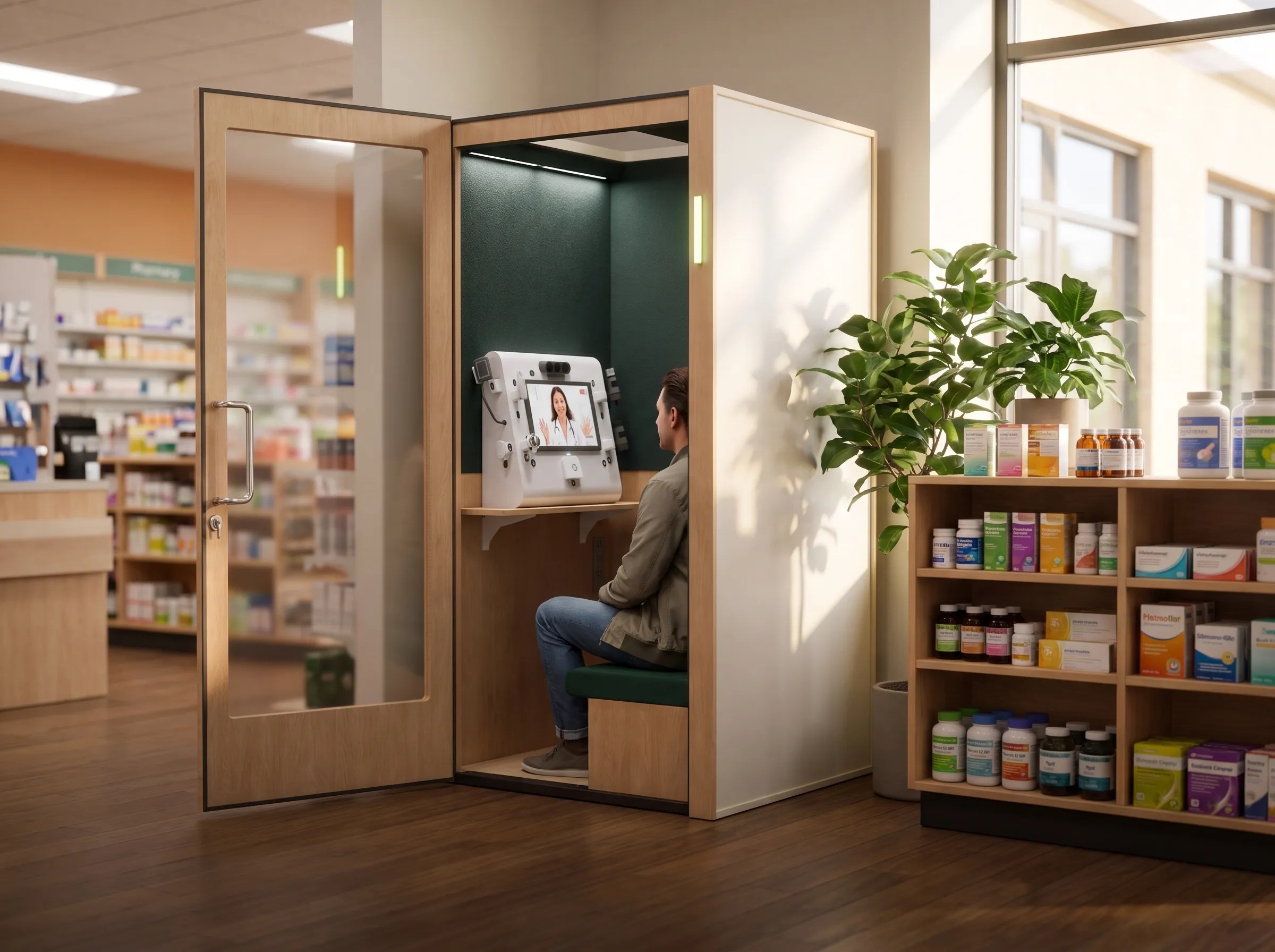 A patient meets a doctor by video inside a private Tessan Booth in the corner of a pharmacy.