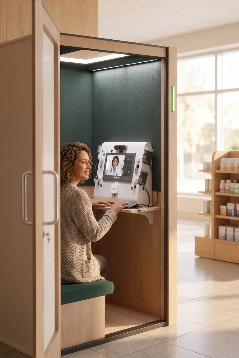 A patient seated inside a private Tessan consultation booth during a telehealth visit.