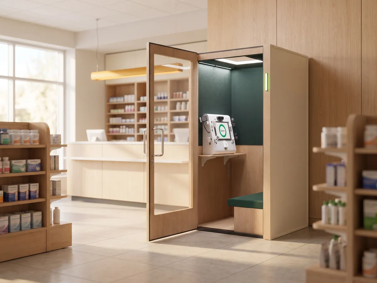 The Tessan Booth, an enclosed private cabin with a full-size screen for telehealth visits.