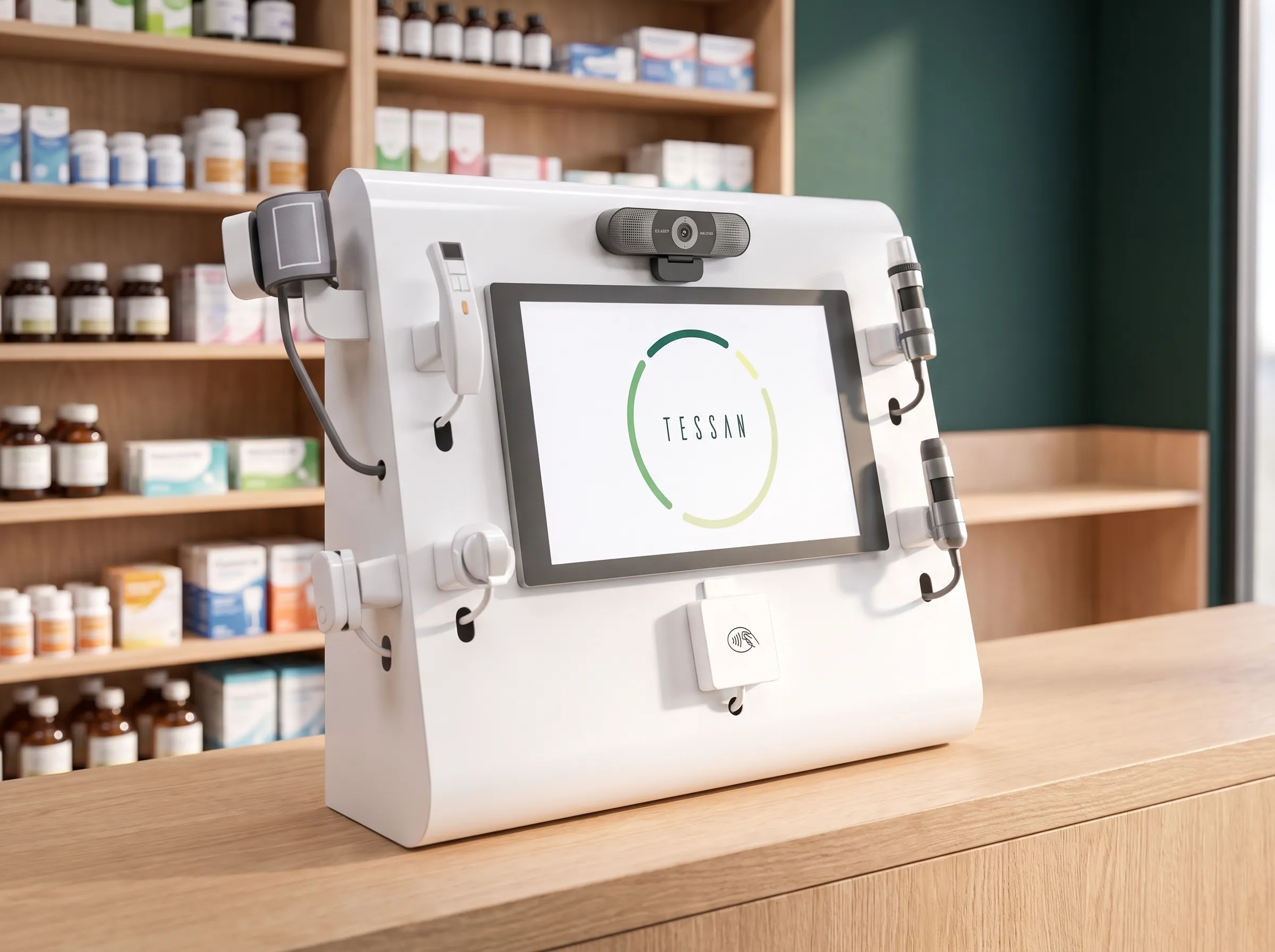 The Tessan Console, a countertop telehealth station with connected medical devices, on a pharmacy counter.