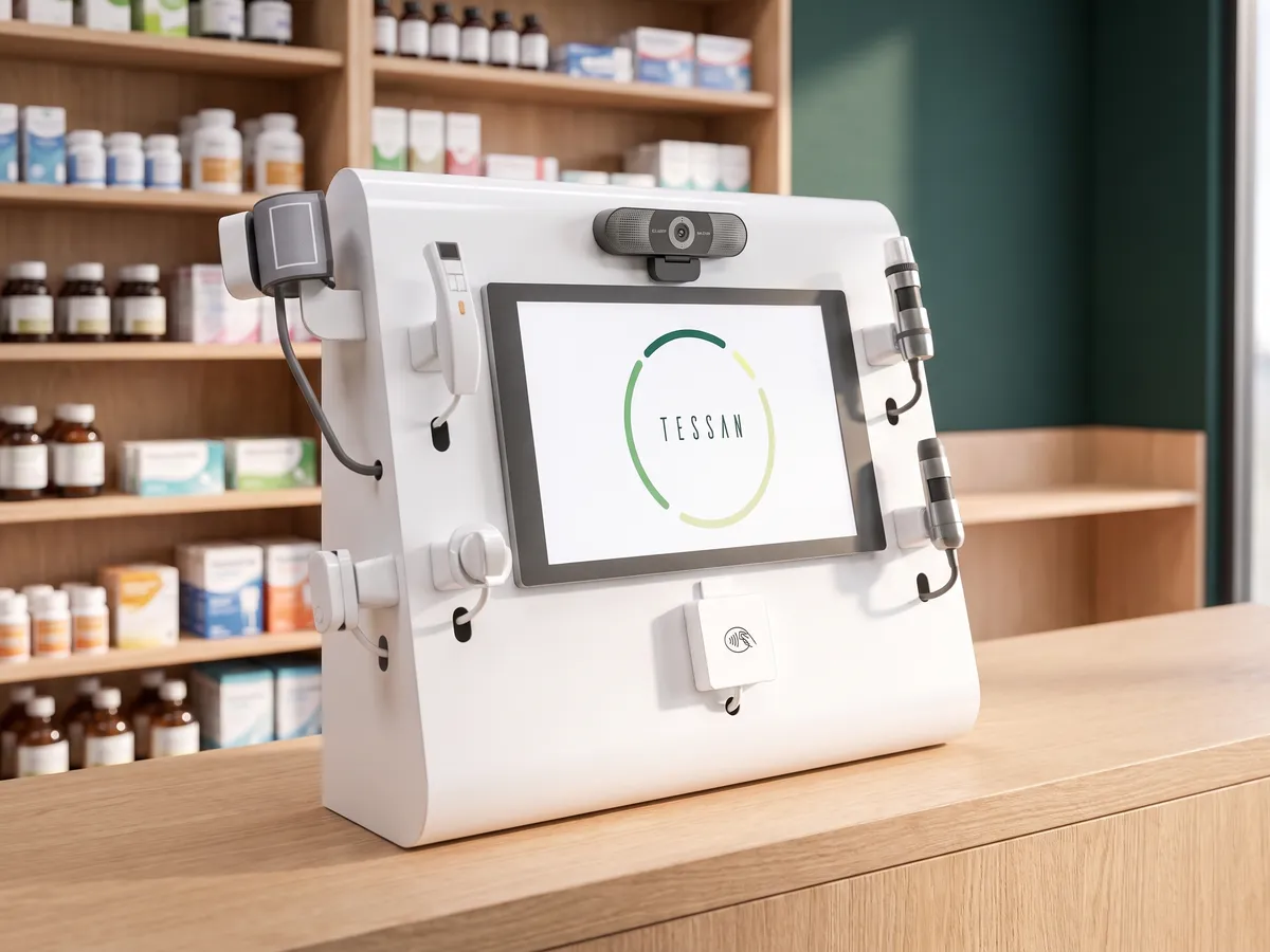 The Tessan Console, a countertop telehealth station for pharmacies and clinics.