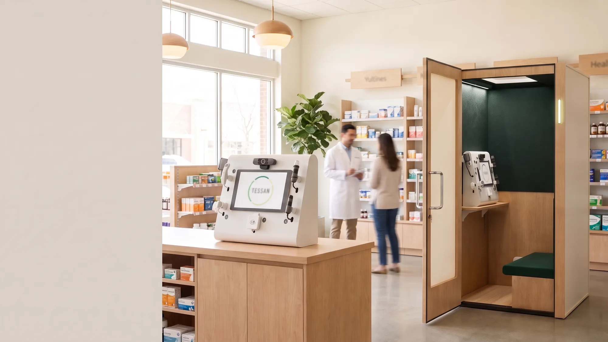 A Tessan Console on a pharmacy counter and a Tessan Booth cabin, two connected consultation stations in a neighborhood pharmacy.